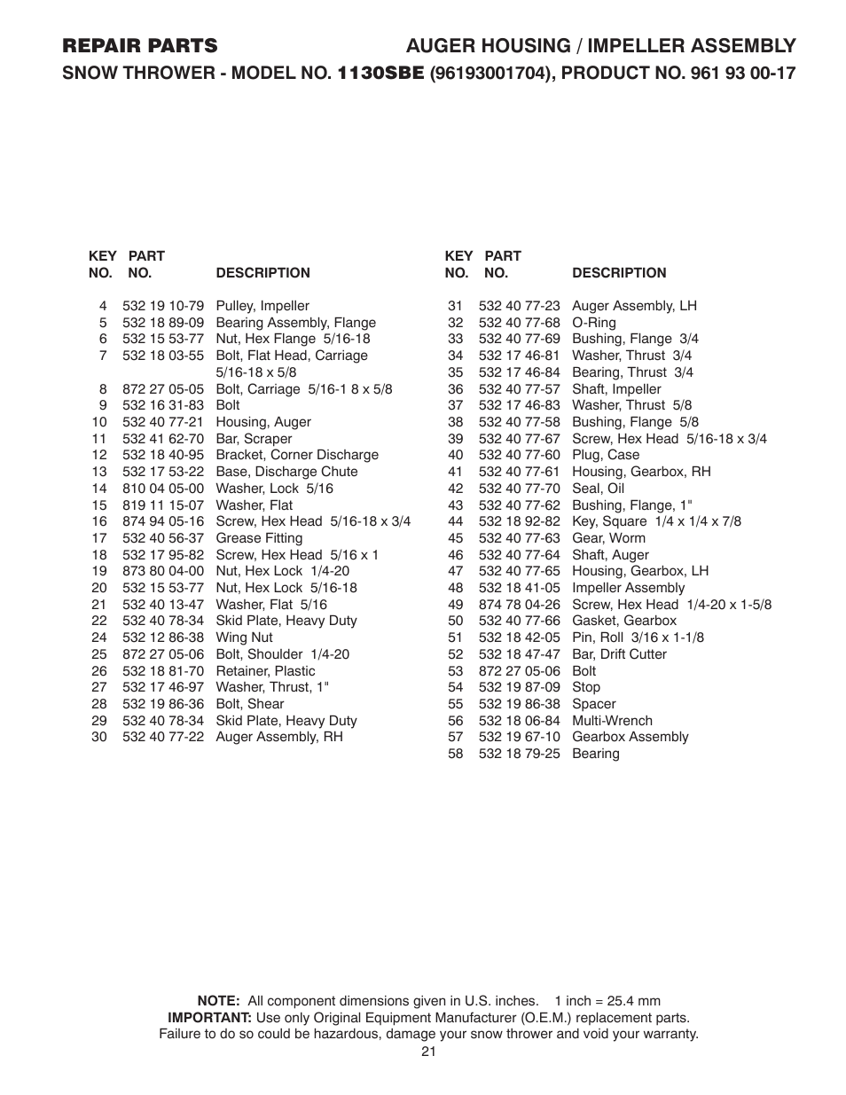 Repair parts auger housing / impeller assembly | Husqvarna 1130SBE User Manual | Page 21 / 32