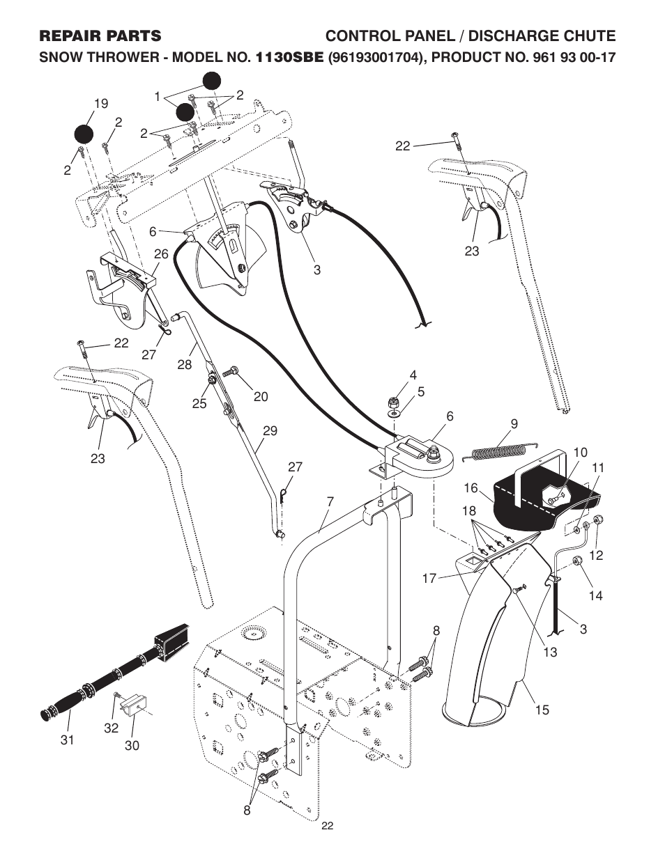 Control panel / discharge chute | Husqvarna 1130SBE User Manual | Page 22 / 32