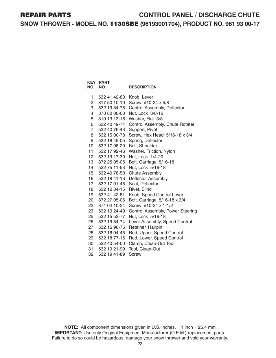 Repair parts control panel / discharge chute | Husqvarna 1130SBE User Manual | Page 23 / 32