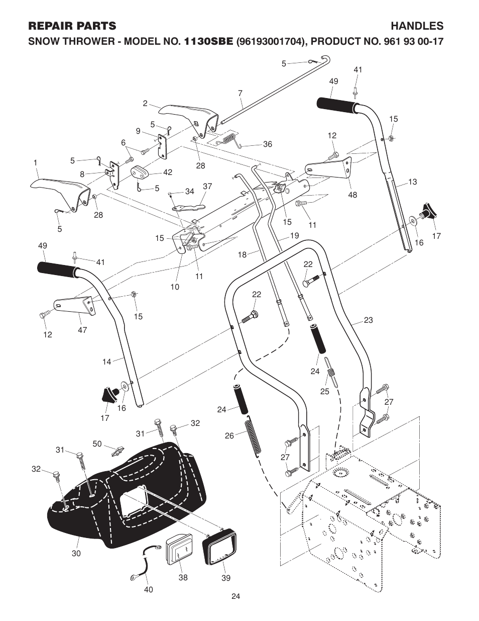 Handles / headlight, Repair parts handles | Husqvarna 1130SBE User Manual | Page 24 / 32