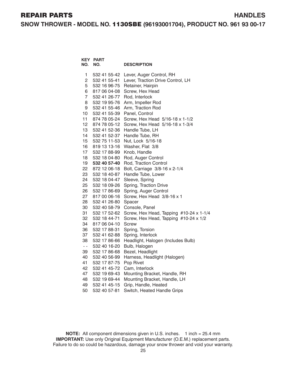 Repair parts handles | Husqvarna 1130SBE User Manual | Page 25 / 32