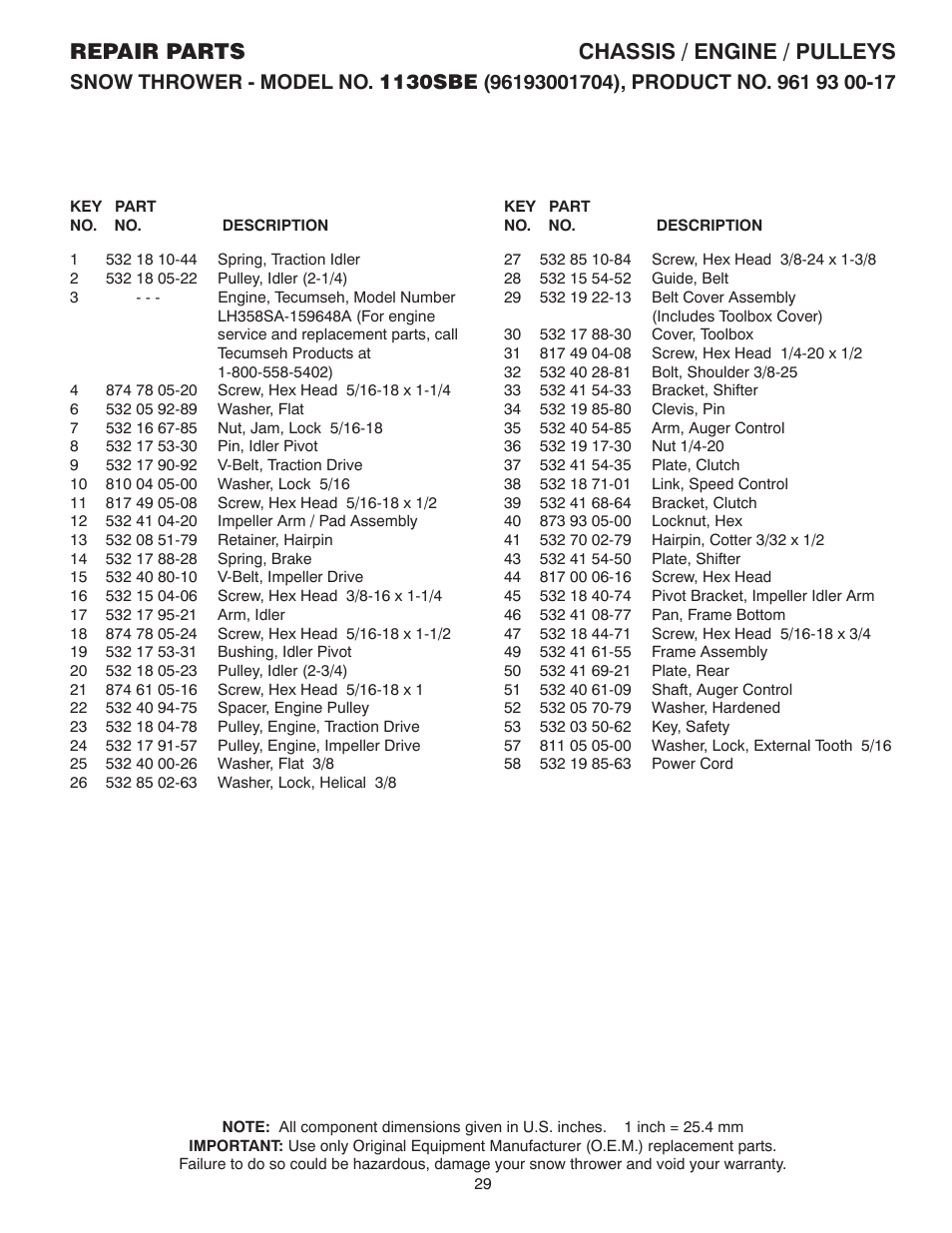 Repair parts chassis / engine / pulleys | Husqvarna 1130SBE User Manual | Page 29 / 32