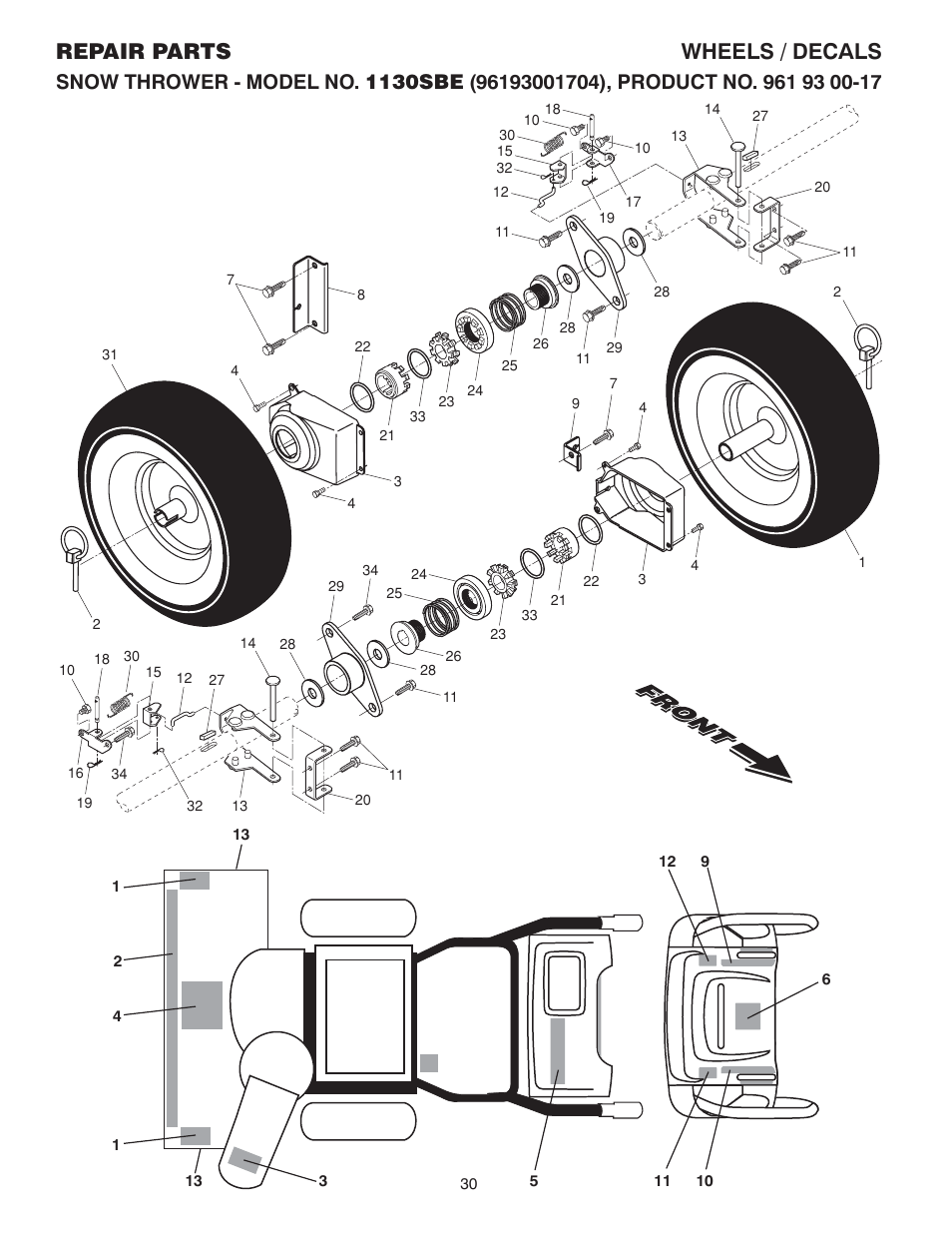 Wheels / decals, Repair parts wheels / decals | Husqvarna 1130SBE User Manual | Page 30 / 32