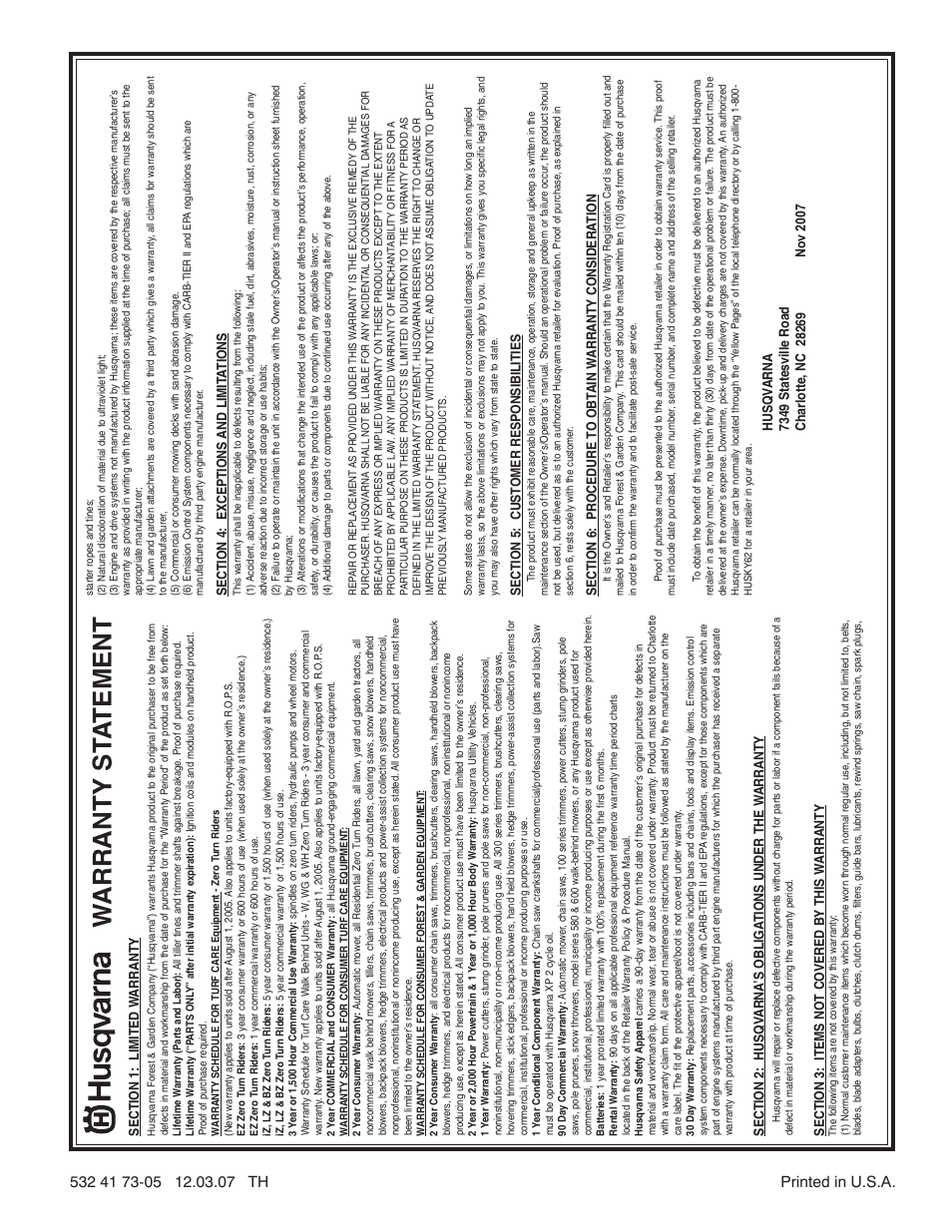 Warranty statement, Warranty st a tement | Husqvarna 1130SBE User Manual | Page 32 / 32