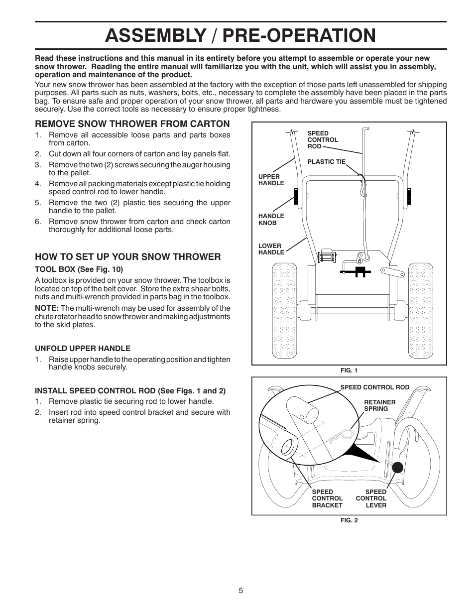 Assembly / pre-operation, Remove snow thrower from car ton, How to set up your snow thrower | Husqvarna 1130SBE User Manual | Page 5 / 32