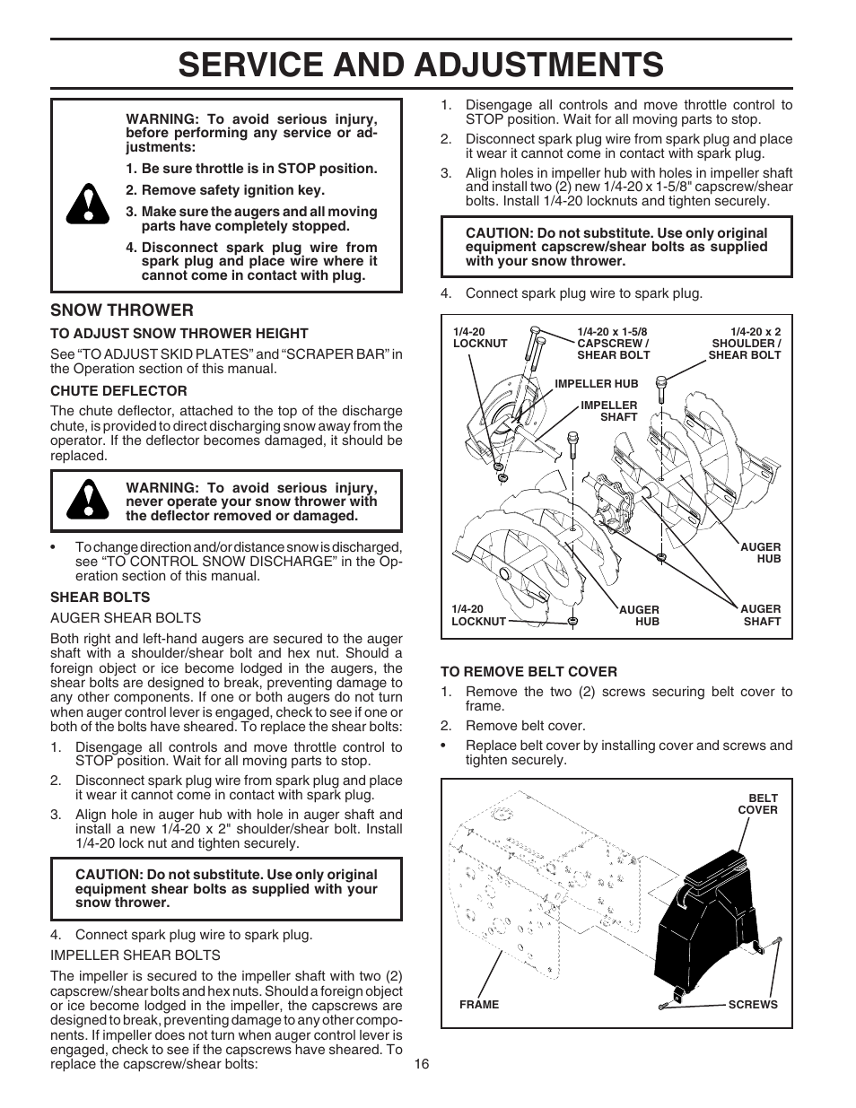 Service/ adjustments, Service and adjustments, Snow thrower | Husqvarna 8024ST User Manual | Page 16 / 32