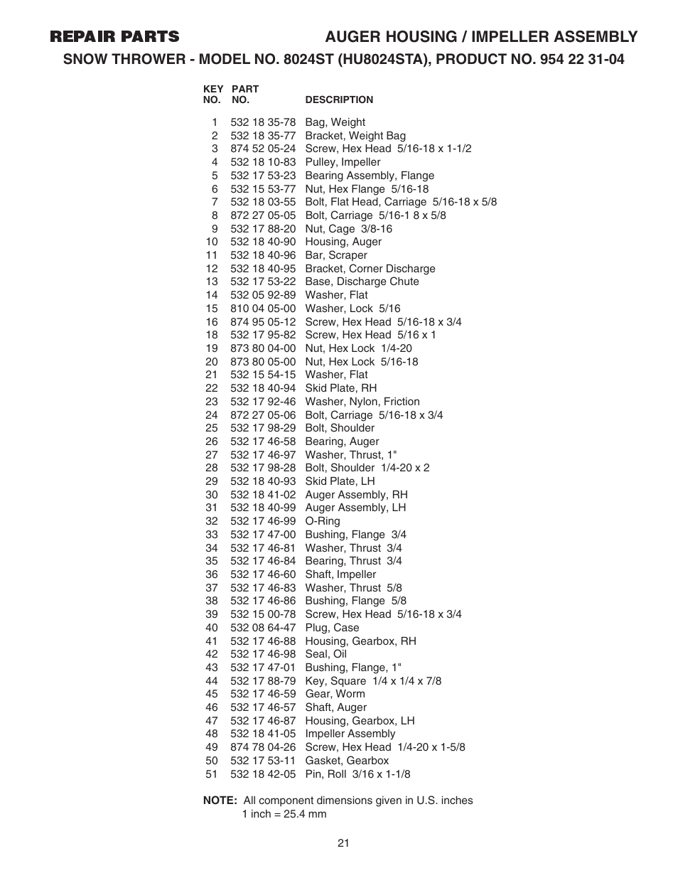 Parts list, Repair parts auger housing / impeller assembly | Husqvarna 8024ST User Manual | Page 21 / 32