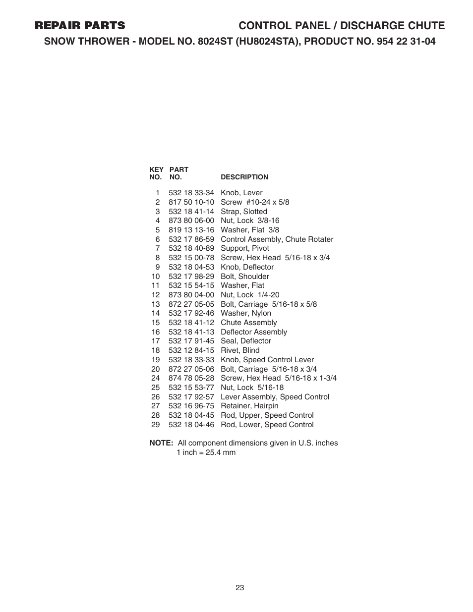 Parts list, Repair parts control panel / discharge chute | Husqvarna 8024ST User Manual | Page 23 / 32