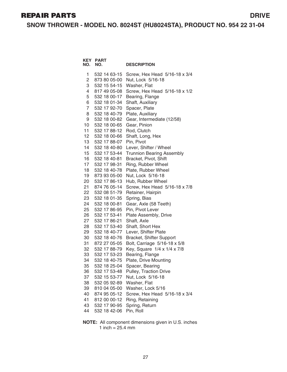 Parts list, Repair parts drive | Husqvarna 8024ST User Manual | Page 27 / 32