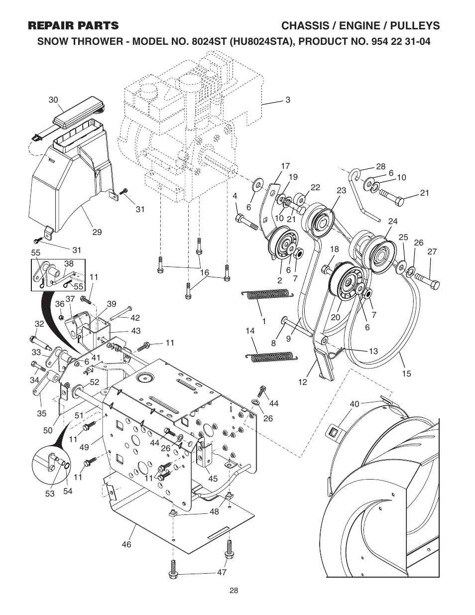 Chassis/ engine/ pulleys, Repair parts chassis / engine / pulleys | Husqvarna 8024ST User Manual | Page 28 / 32