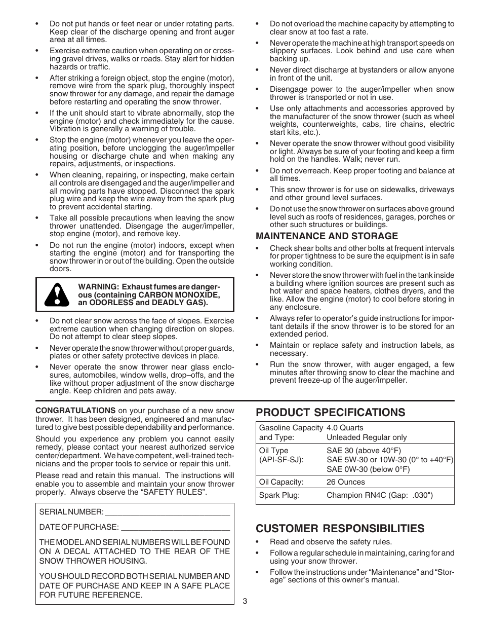 Product spec's, Product specifications, Customer responsibilities | Husqvarna 8024ST User Manual | Page 3 / 32