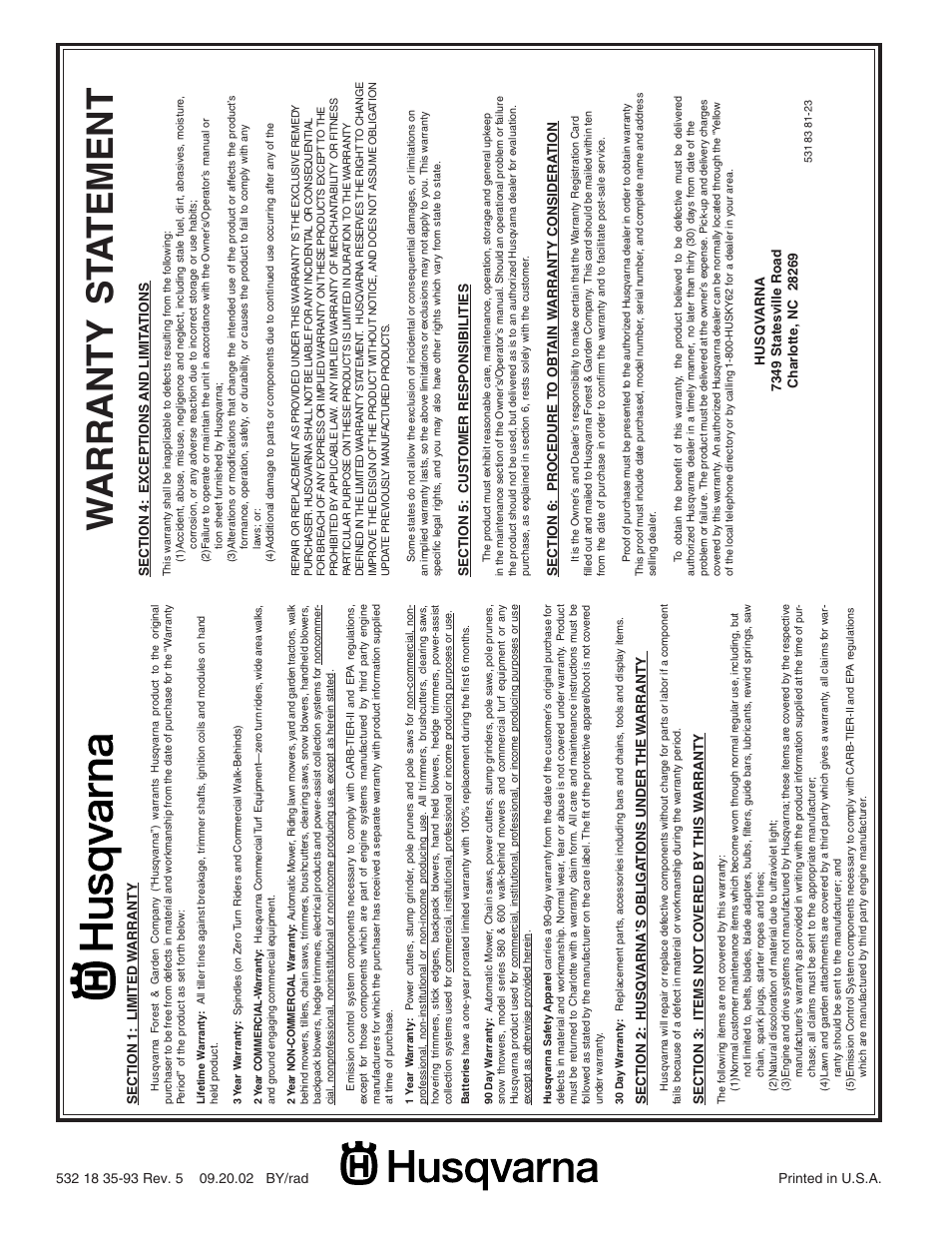 Warranty st a tement | Husqvarna 8024ST User Manual | Page 32 / 32