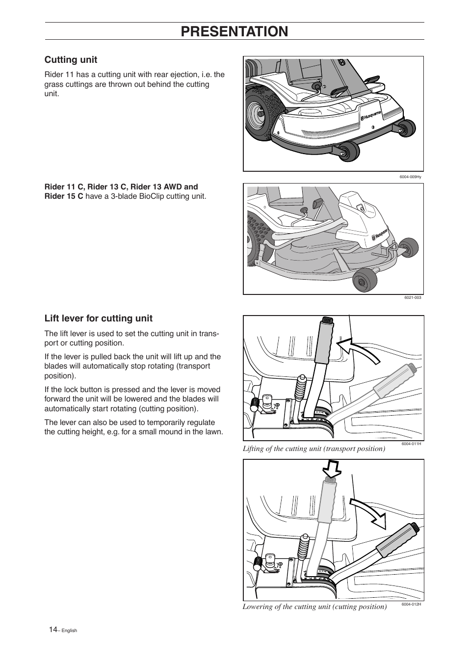 Presentation, Lift lever for cutting unit, Cutting unit | Husqvarna 15 C User Manual | Page 16 / 56