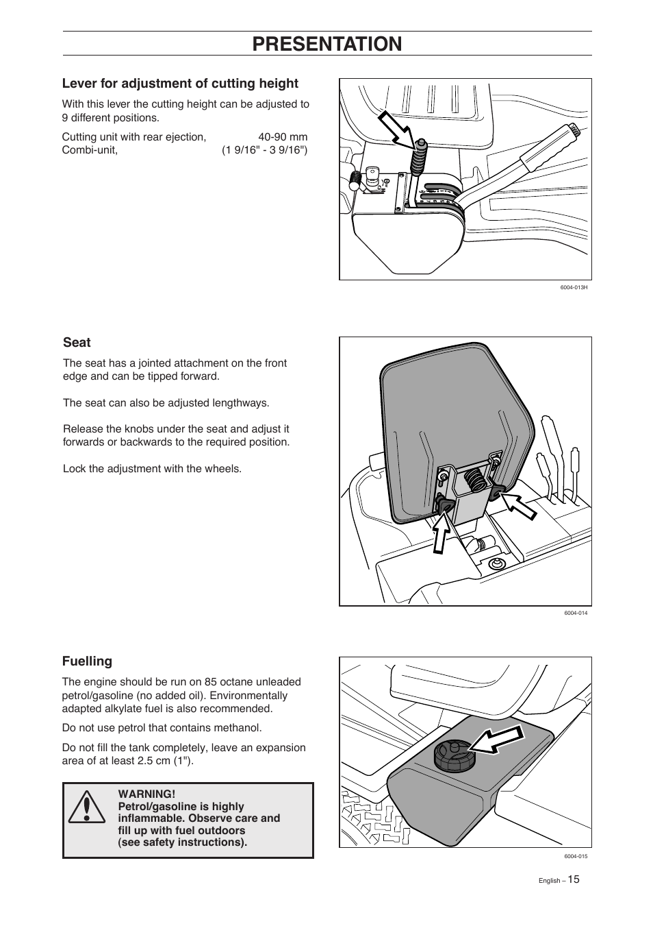 Presentation, Lever for adjustment of cutting height, Seat | Fuelling | Husqvarna 15 C User Manual | Page 17 / 56