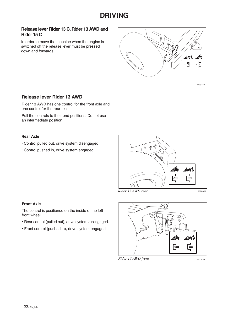 Driving, Release lever rider 13 awd | Husqvarna 15 C User Manual | Page 24 / 56
