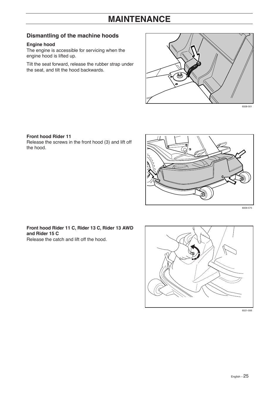 Maintenance, Dismantling of the machine hoods | Husqvarna 15 C User Manual | Page 27 / 56