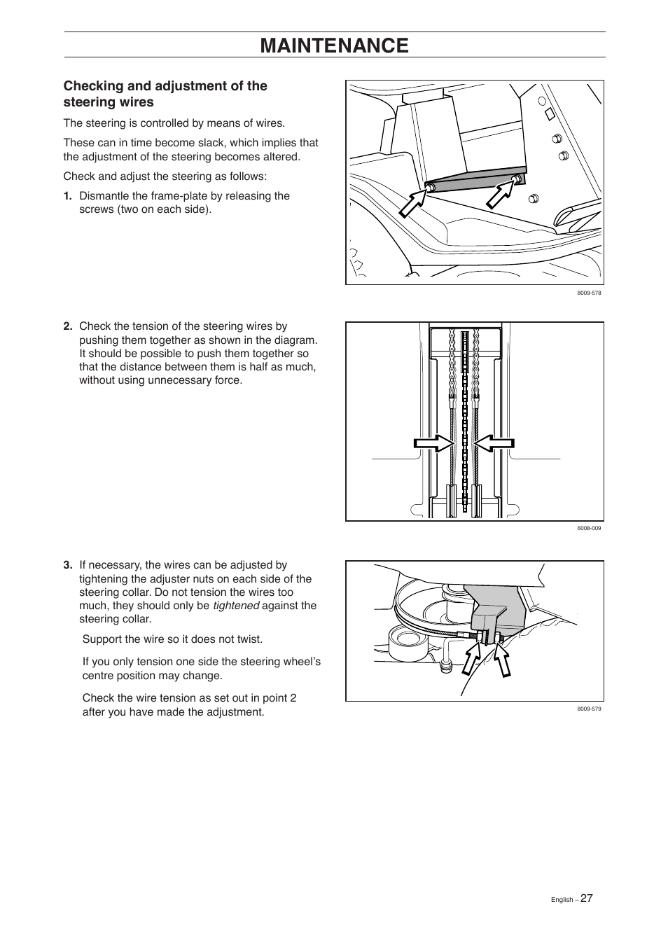 Maintenance, Checking and adjustment of the steering wires | Husqvarna 15 C User Manual | Page 29 / 56