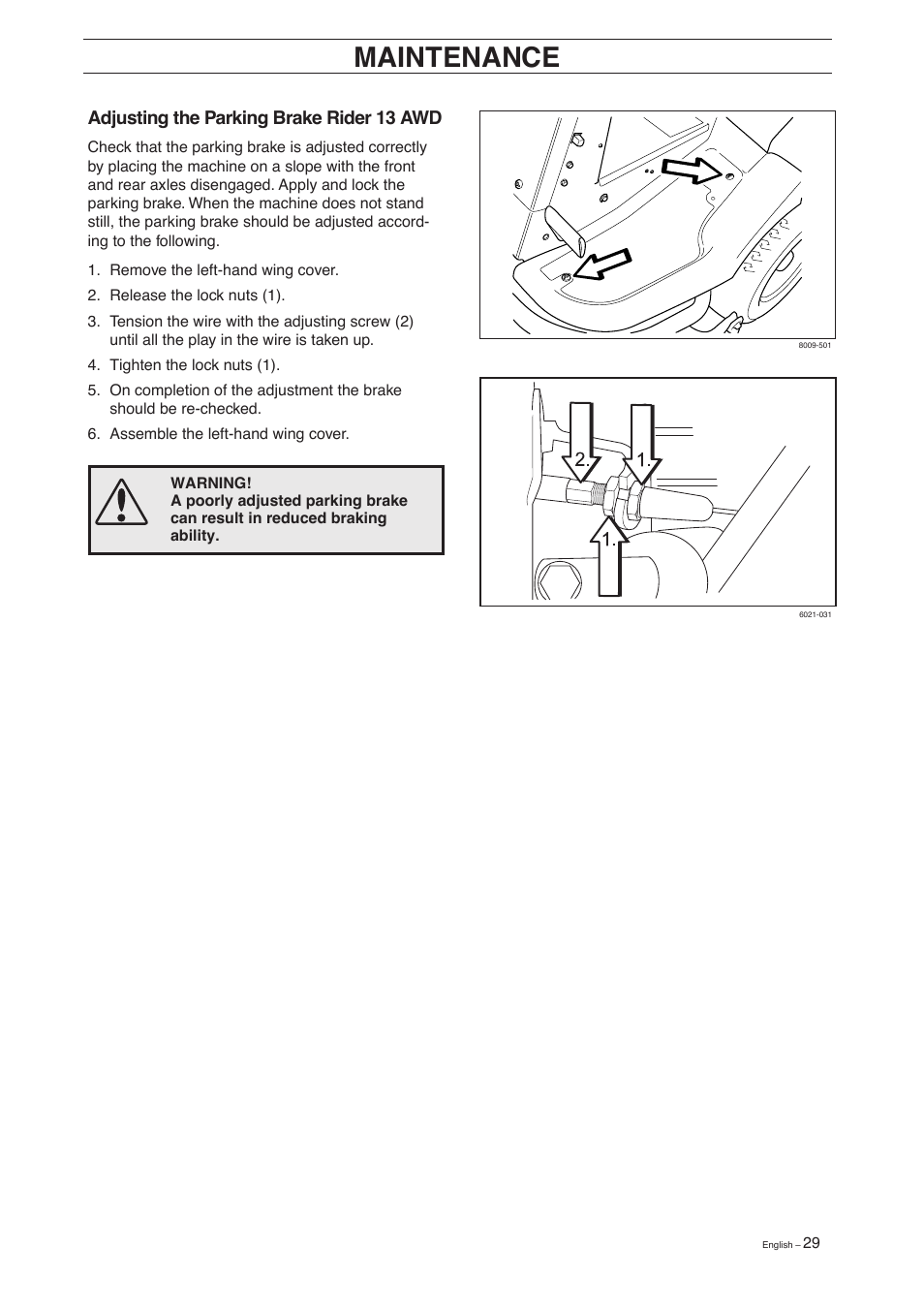 Maintenance, Adjusting the parking brake rider 13 awd | Husqvarna 15 C User Manual | Page 31 / 56