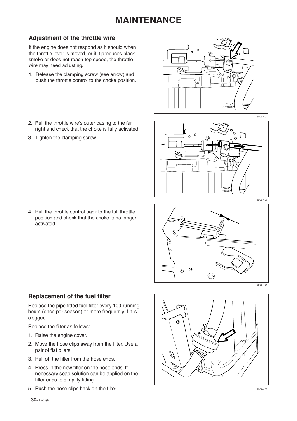Maintenance, Adjustment of the throttle wire, Replacement of the fuel filter | Husqvarna 15 C User Manual | Page 32 / 56