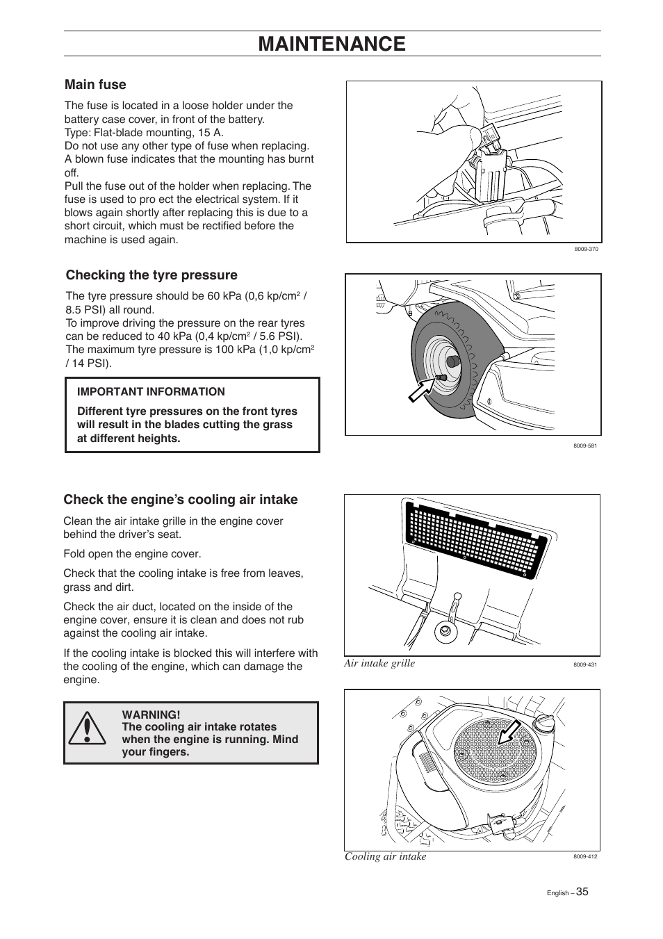 Maintenance, Checking the tyre pressure, Check the engine’s cooling air intake | Main fuse | Husqvarna 15 C User Manual | Page 37 / 56