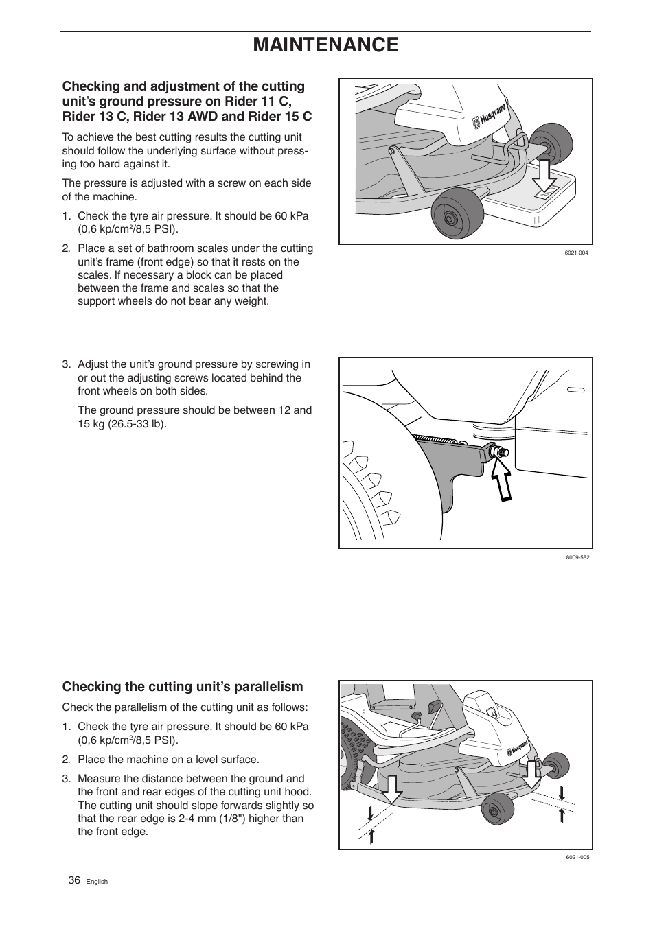 Maintenance, Checking the cutting unit’s parallelism | Husqvarna 15 C User Manual | Page 38 / 56