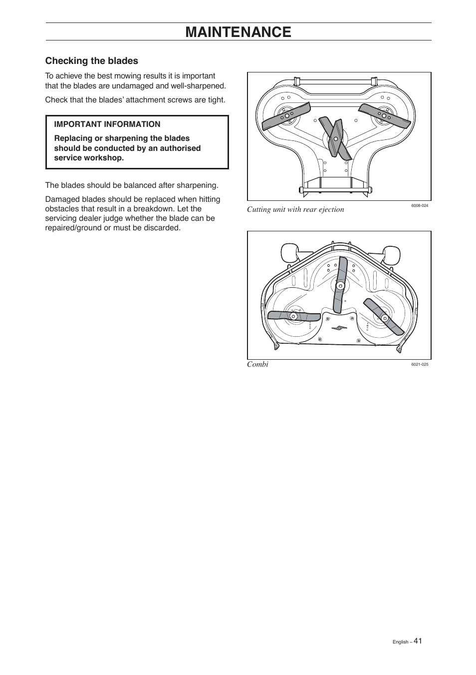 Maintenance, Checking the blades | Husqvarna 15 C User Manual | Page 43 / 56