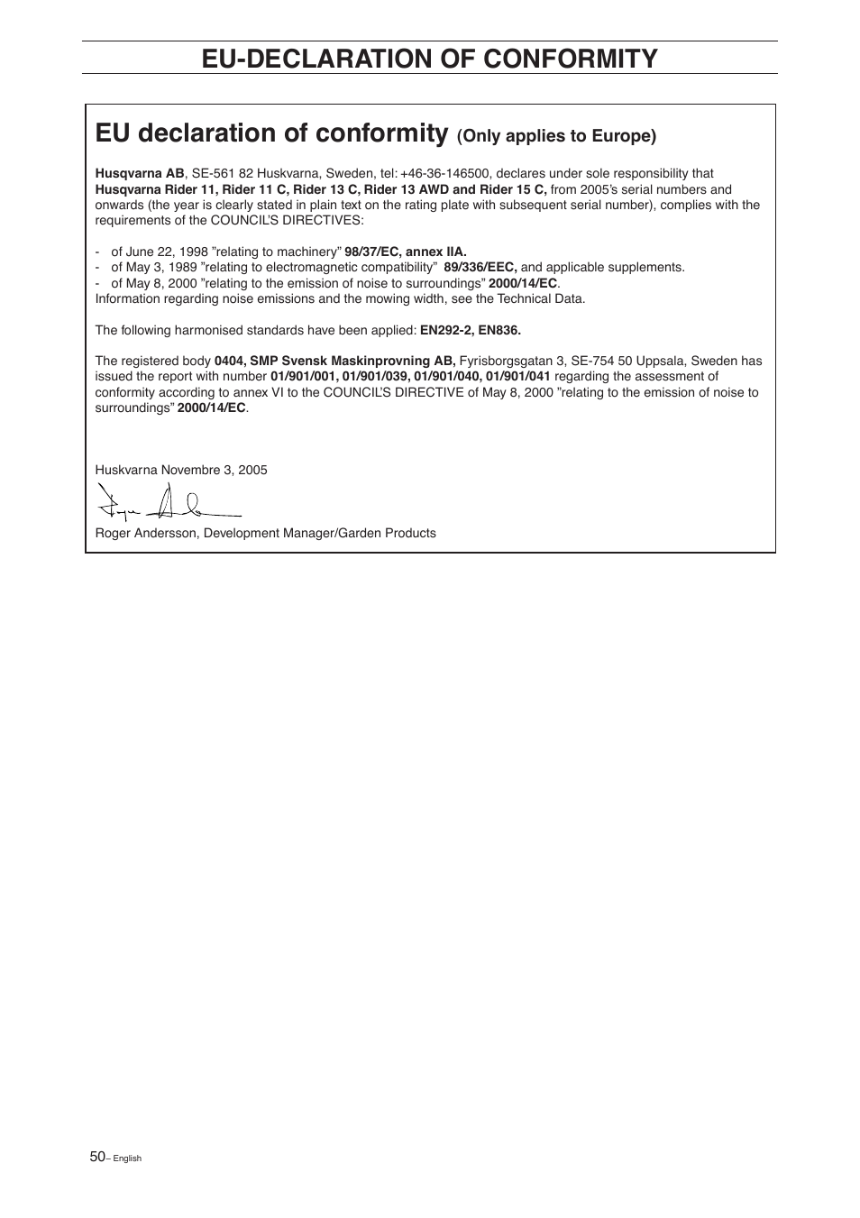Eu-declaration of conformity | Husqvarna 15 C User Manual | Page 52 / 56