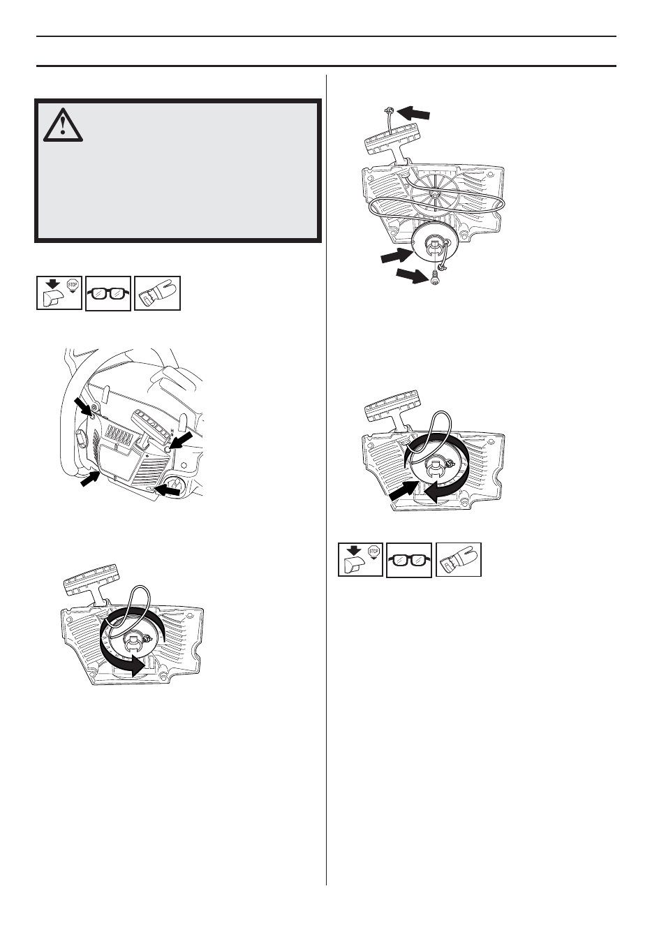 Starter, Changing a broken or worn starter cord, Tensioning the recoil spring | Changing a broken recoil spring, Maintenance | Husqvarna 359G E-tech User Manual | Page 34 / 44