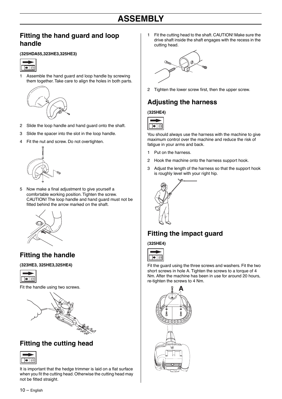 Fitting the hand guard and loop handle, Fitting the handle, Fitting the cutting head | Adjusting the harness, Fitting the impact guard, Assembly | Husqvarna 325HE4X-Series User Manual | Page 10 / 24