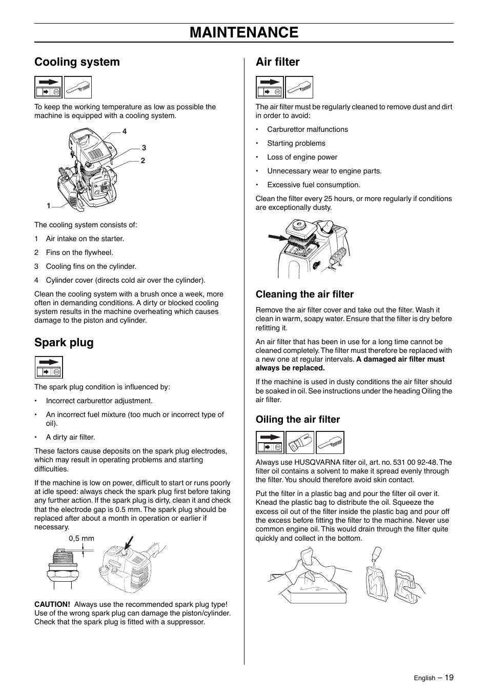 Cooling system, Spark plug, Air filter | Cleaning the air filter, Oiling the air filter, Maintenance | Husqvarna 325HE4X-Series User Manual | Page 19 / 24