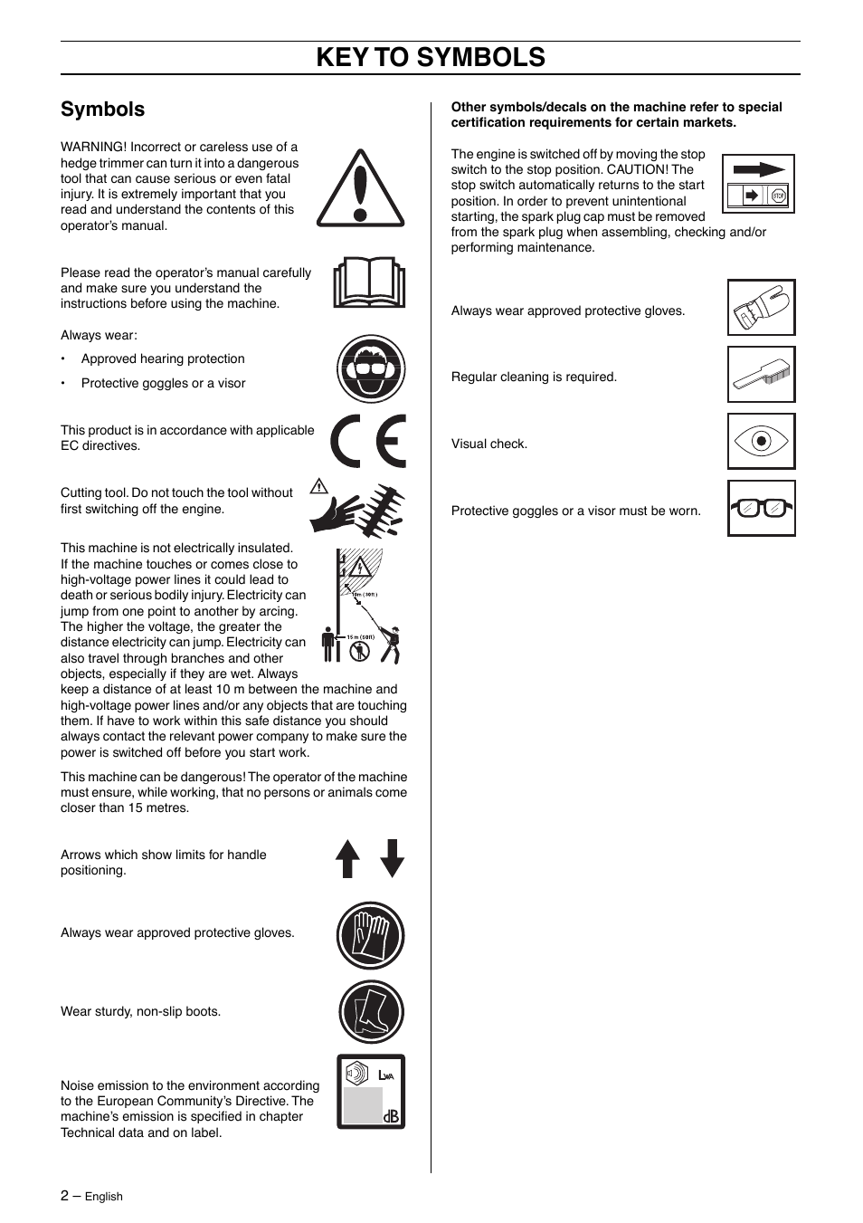 Symbols, Key to symbols | Husqvarna 325HE4X-Series User Manual | Page 2 / 24