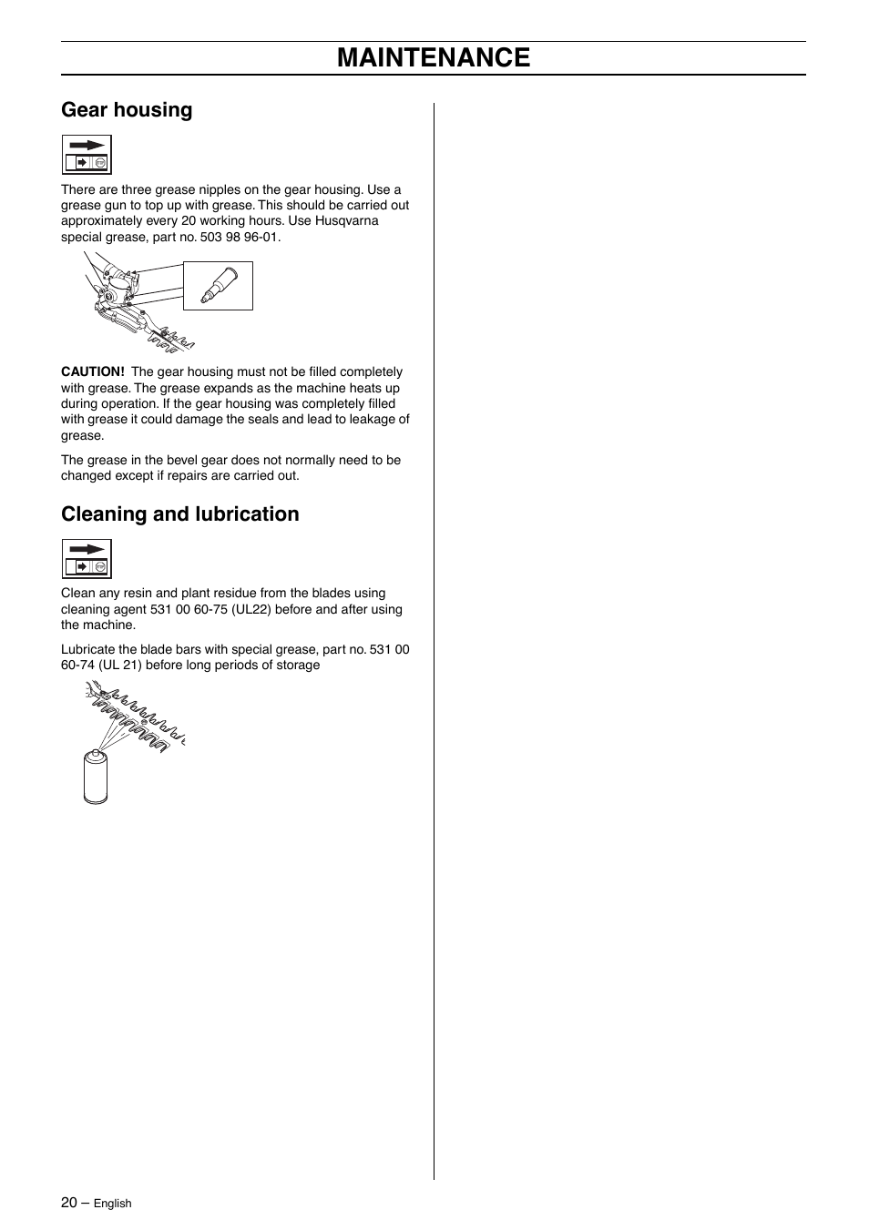 Gear housing, Cleaning and lubrication, Maintenance | Husqvarna 325HE4X-Series User Manual | Page 20 / 24