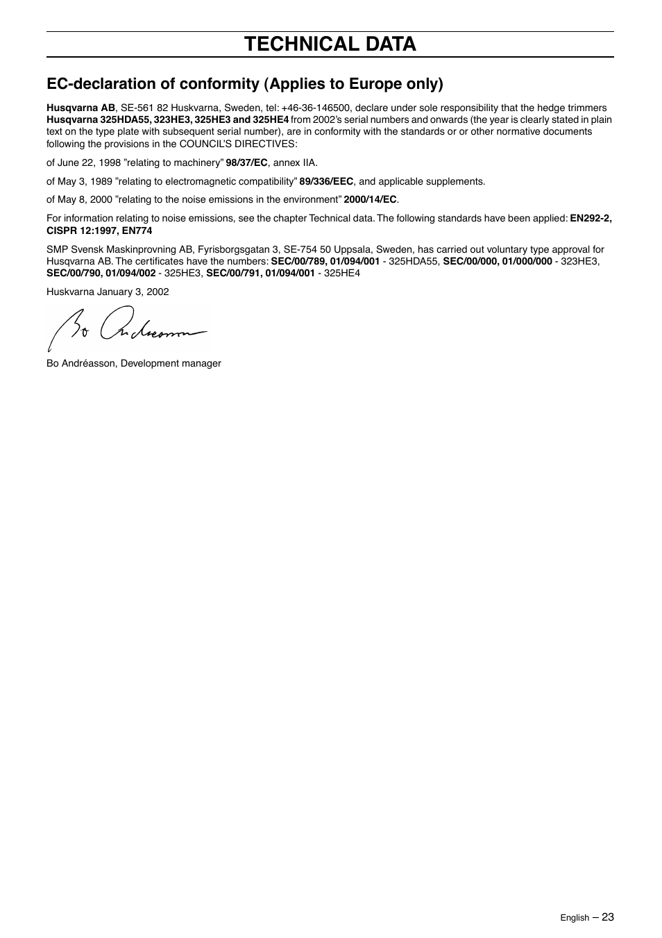 Technical data | Husqvarna 325HE4X-Series User Manual | Page 23 / 24