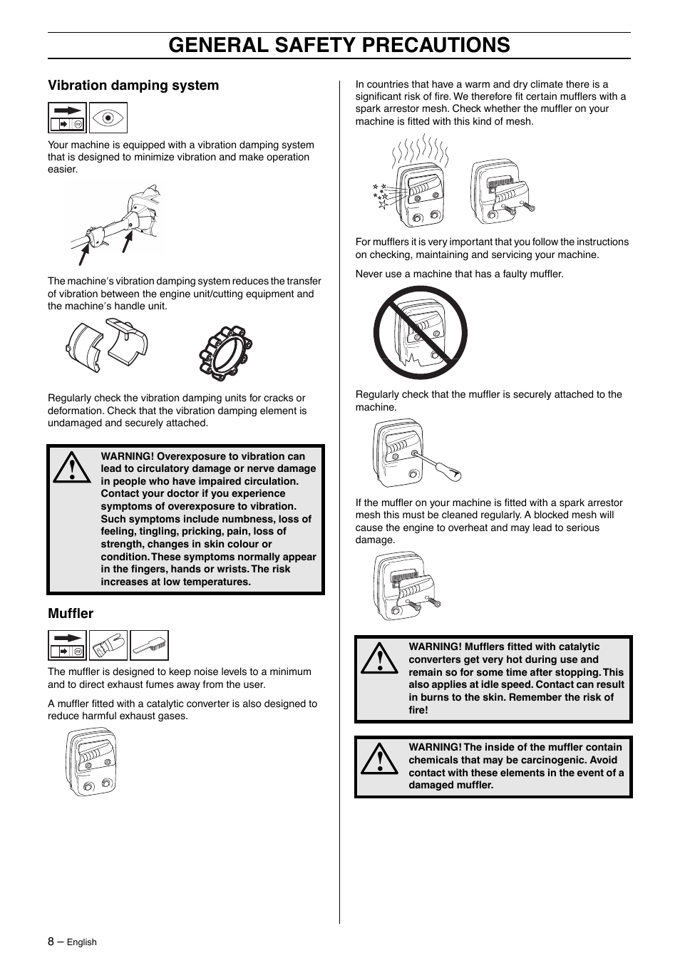 Vibration damping system, Muffler, General safety precautions | Husqvarna 325HE4X-Series User Manual | Page 8 / 24