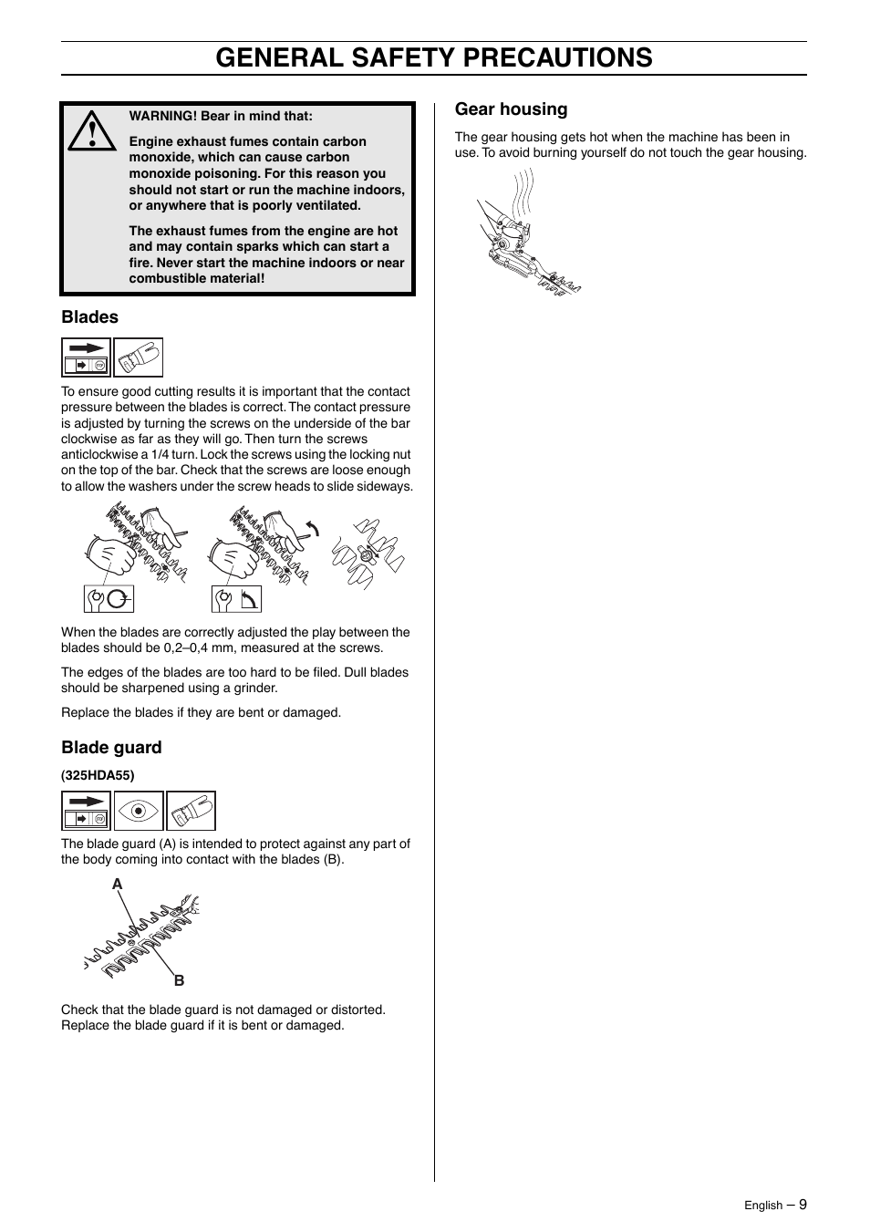 Blades, Blade guard, Gear housing | General safety precautions | Husqvarna 325HE4X-Series User Manual | Page 9 / 24