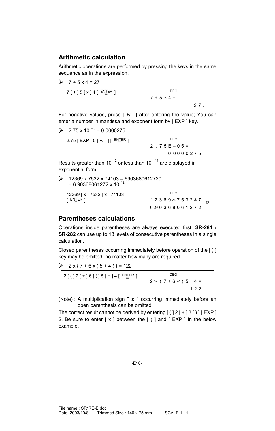 Arithmetic calculation, Parentheses calculations | CITIZEN SR-281  EN User Manual | Page 10 / 33