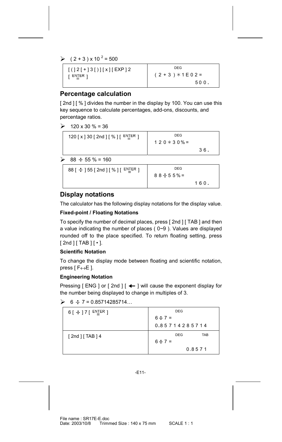 Percentage calculation, Display notations | CITIZEN SR-281  EN User Manual | Page 11 / 33