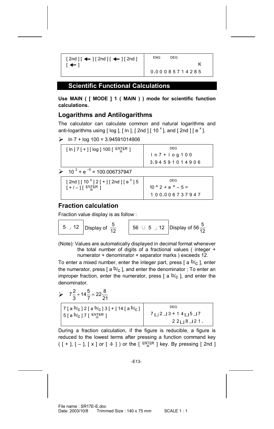 Scientific functional calculations, Logarithms and antilogarithms, Fraction calculation | CITIZEN SR-281  EN User Manual | Page 13 / 33