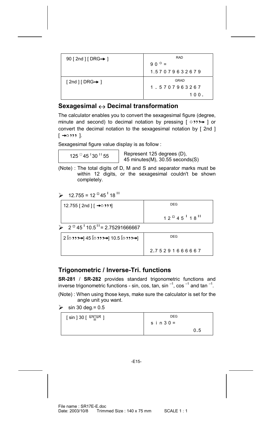Sexagesimal ↔ decimal transformation, Trigonometric / inverse-tri. functions | CITIZEN SR-281  EN User Manual | Page 15 / 33