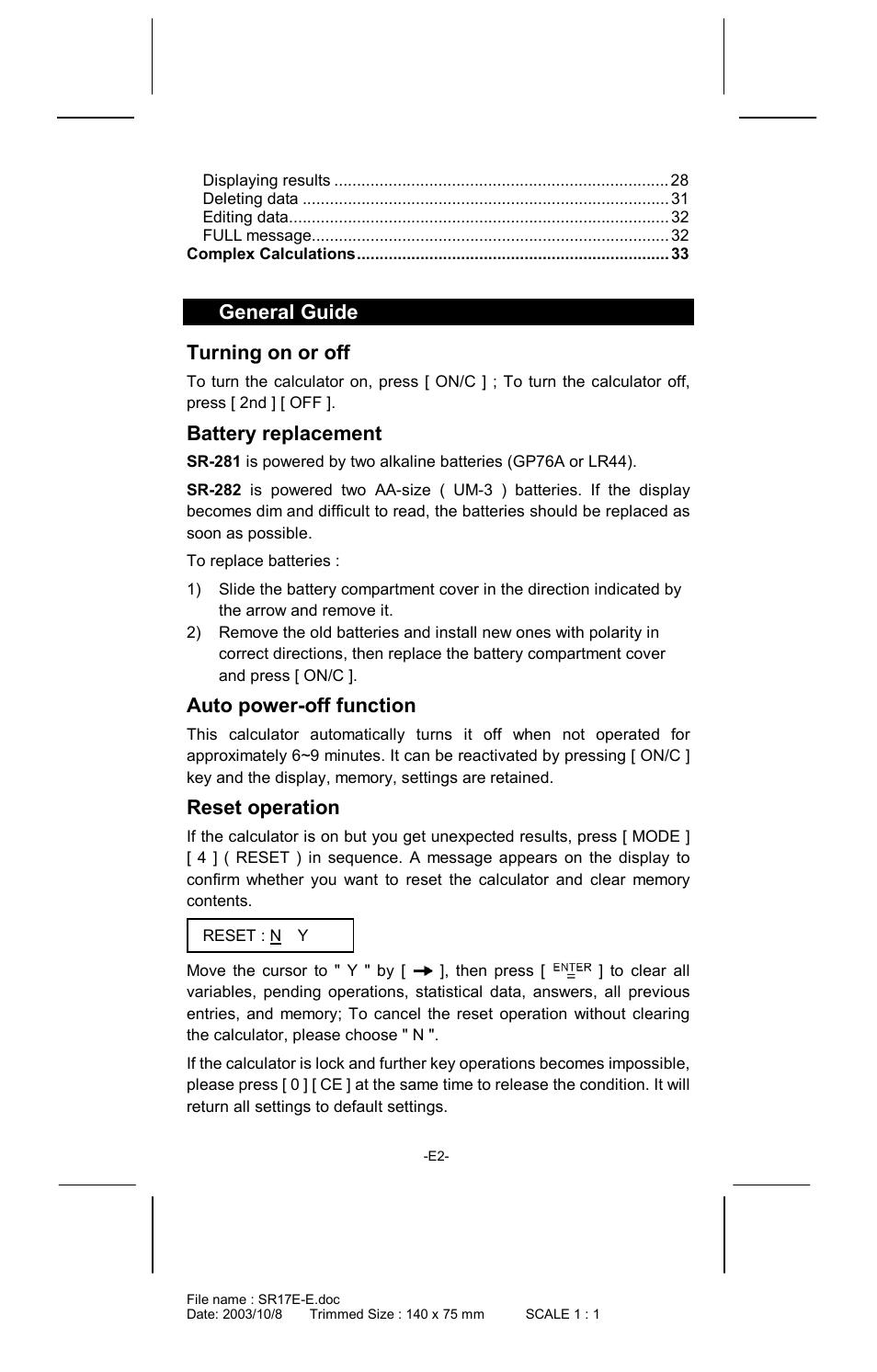 General guide turning on or off, Battery replacement, Auto power-off function | Reset operation | CITIZEN SR-281  EN User Manual | Page 2 / 33