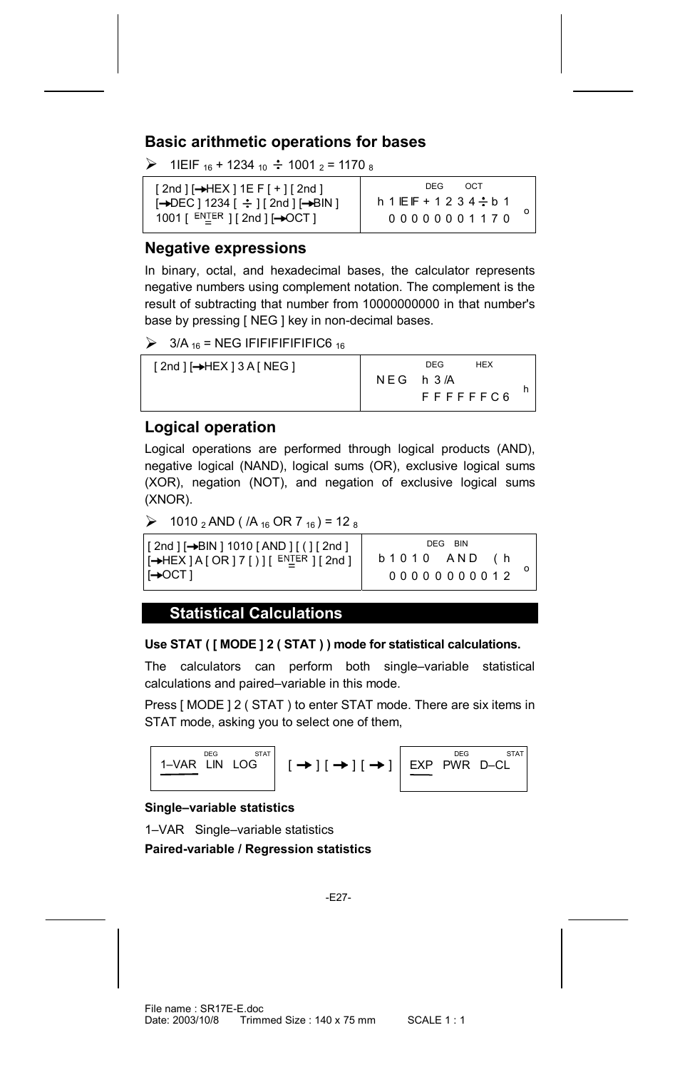 Basic arithmetic operations for bases, Negative expressions, Logical operation | Statistical calculations | CITIZEN SR-281  EN User Manual | Page 27 / 33