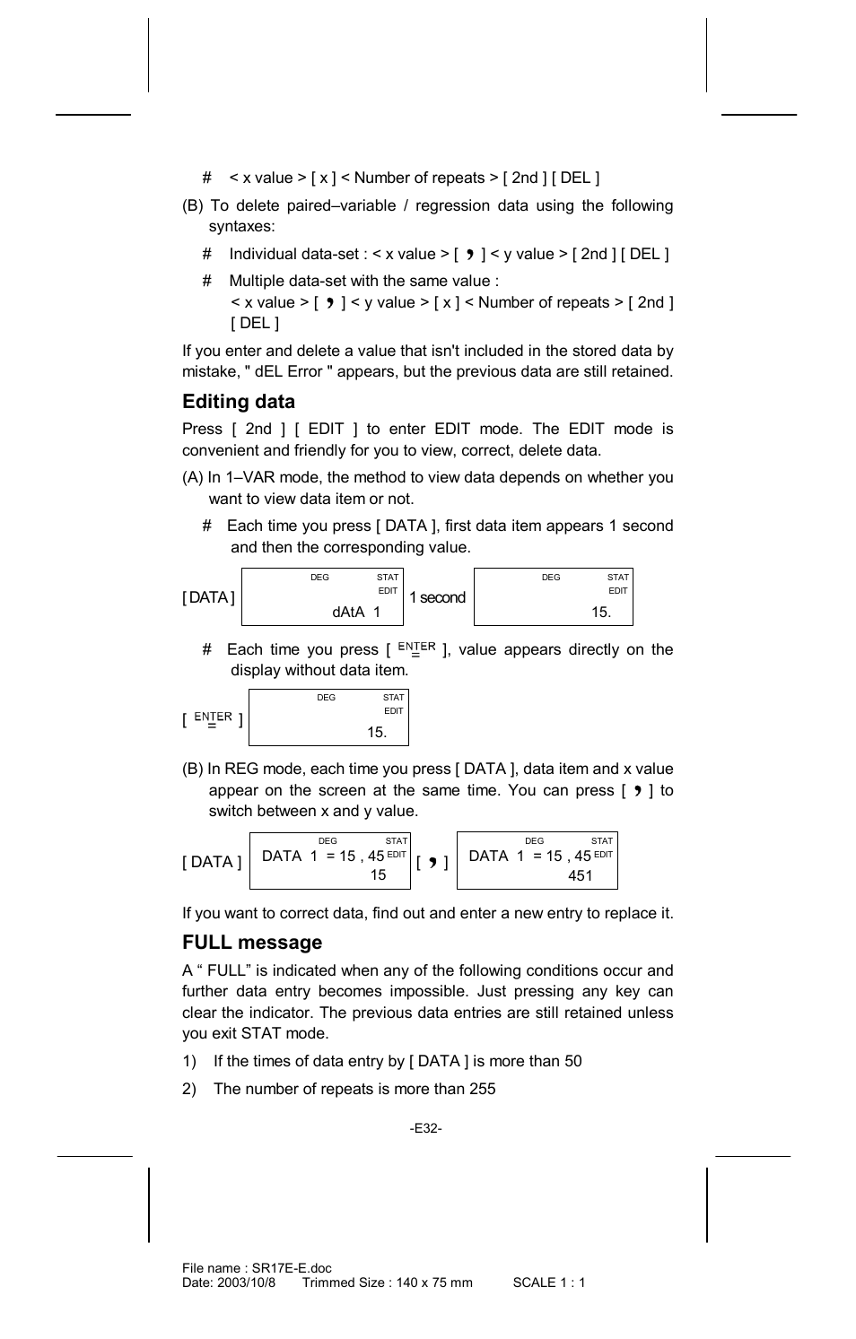 Editing data, Full message | CITIZEN SR-281  EN User Manual | Page 32 / 33