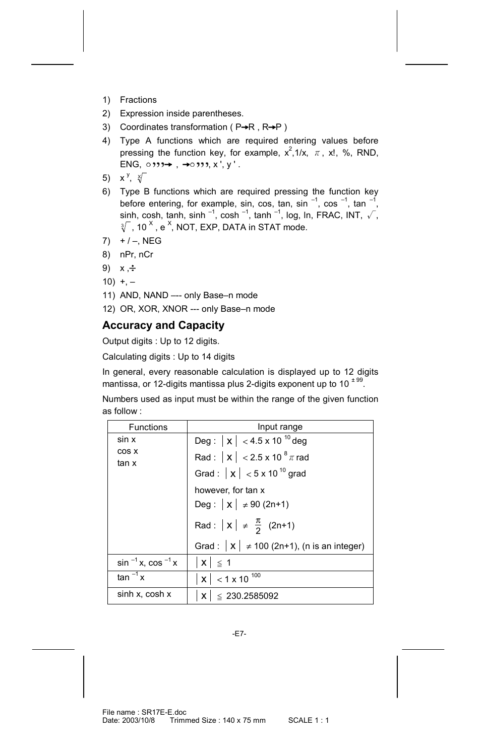 Accuracy and capacity | CITIZEN SR-281  EN User Manual | Page 7 / 33