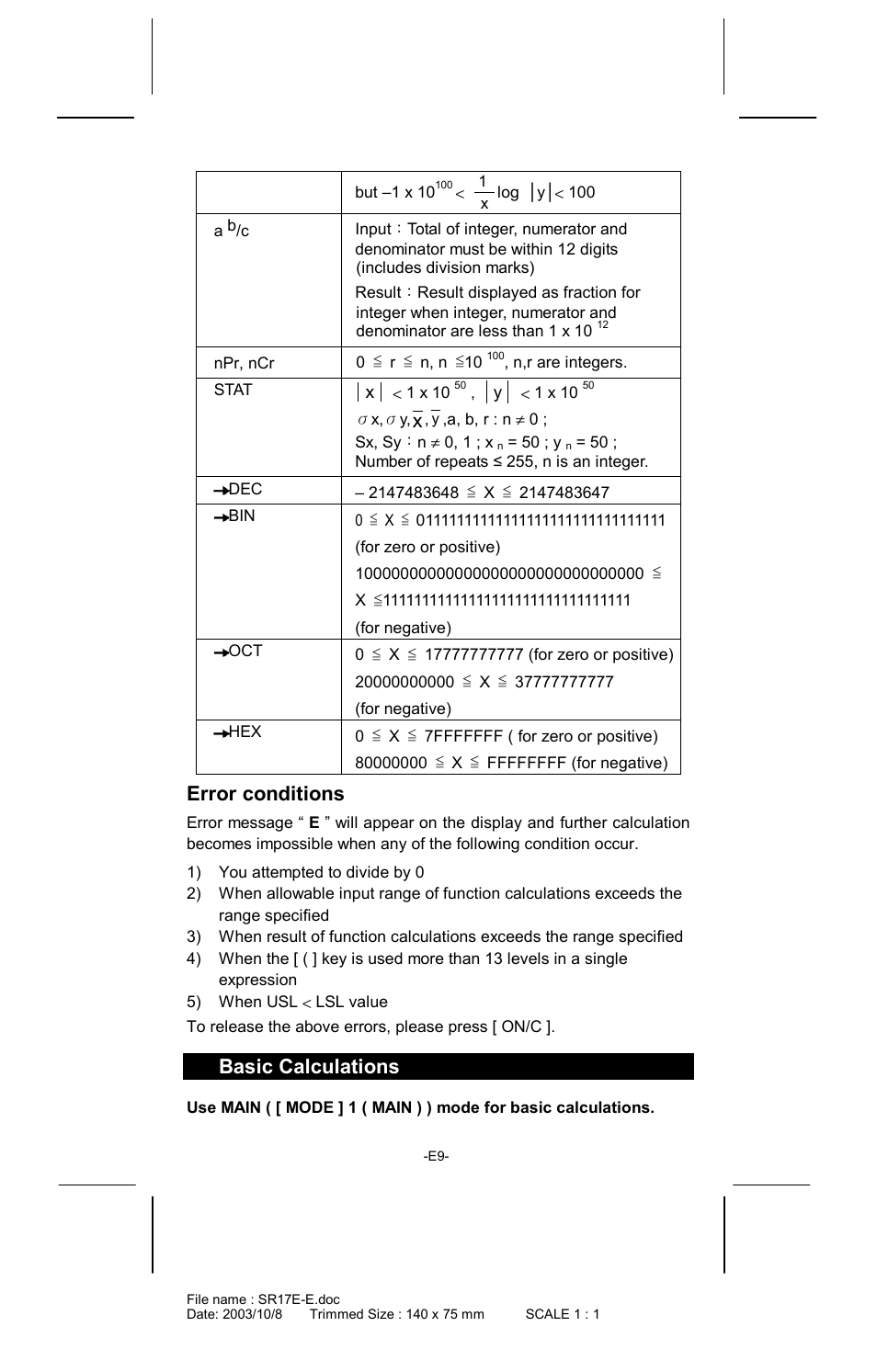 Error conditions, Basic calculations | CITIZEN SR-281  EN User Manual | Page 9 / 33