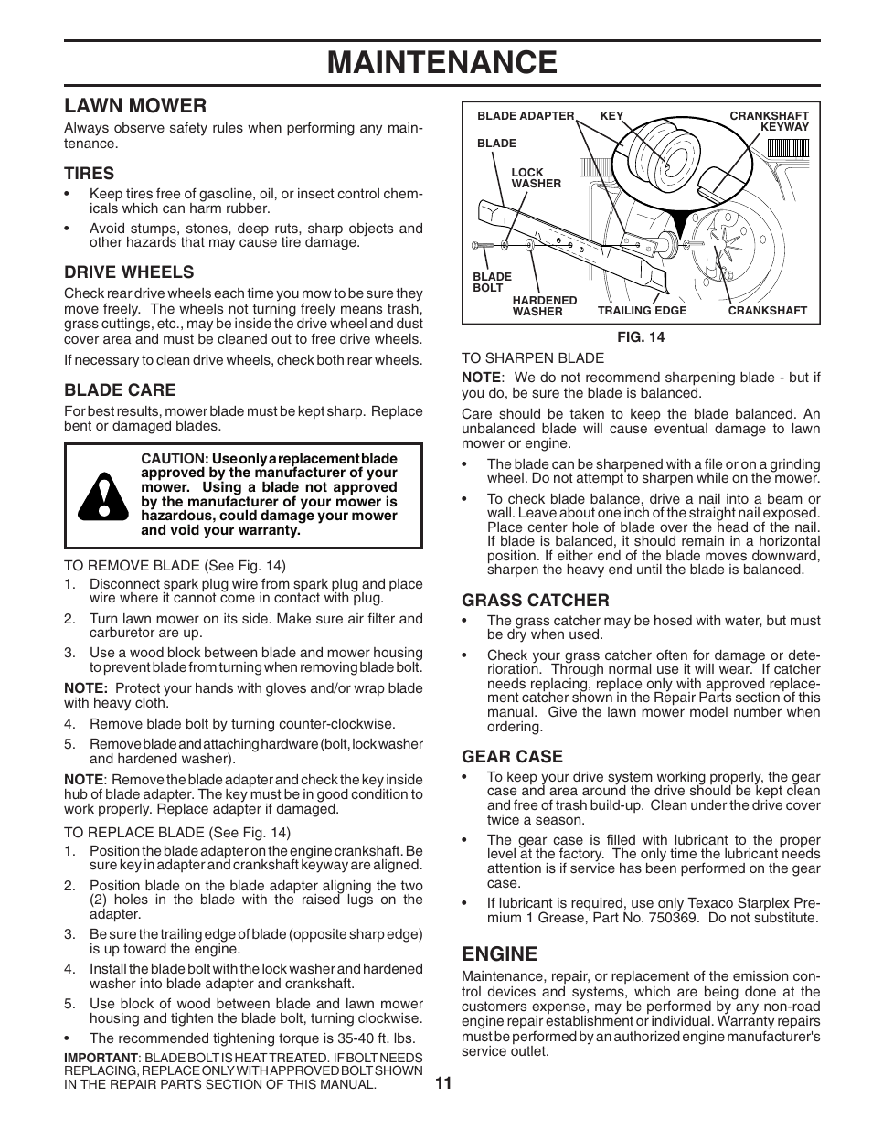 Maintenance, Lawn mower, Engine | Husqvarna 5521RS User Manual | Page 11 / 22