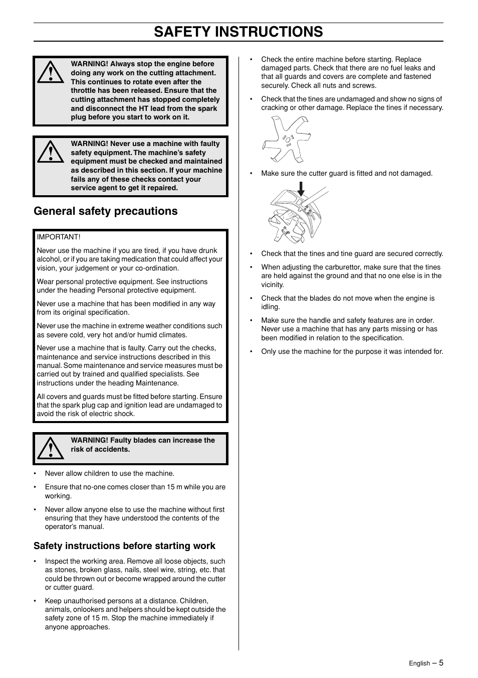 General safety precautions, Safety instructions before starting work, Safety instructions | Husqvarna Viking CA 150 User Manual | Page 5 / 12