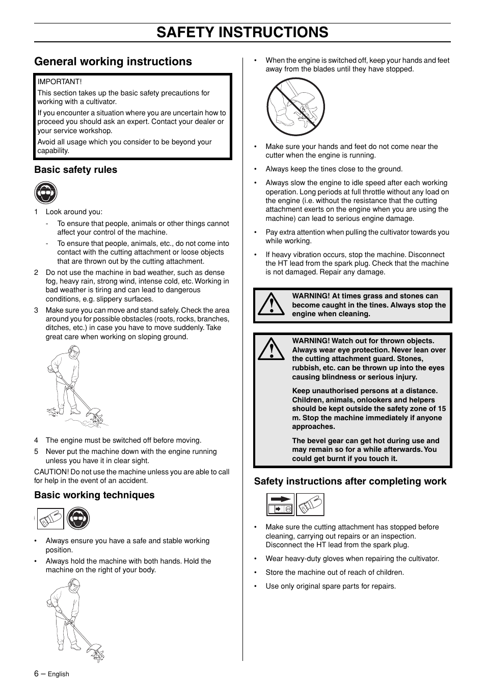 General working instructions, Basic safety rules, Basic working techniques | Safety instructions after completing work, Safety instructions | Husqvarna Viking CA 150 User Manual | Page 6 / 12