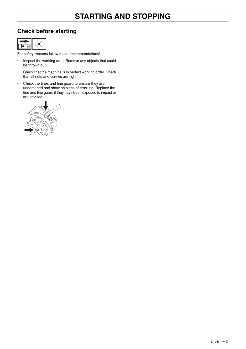 Check before starting, Starting and stopping | Husqvarna Viking CA 150 User Manual | Page 9 / 12