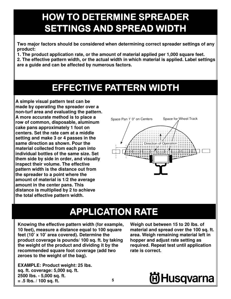 Spreader settings, How to determine spreader, Effective pattern width | Husqvarna 966043502 User Manual | Page 5 / 8