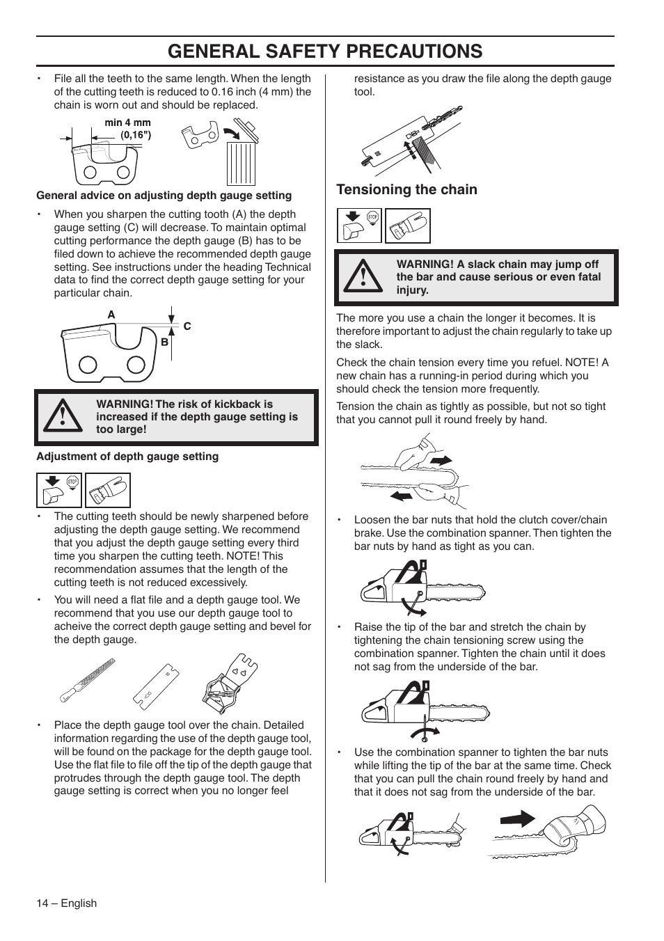 Tensioning the chain, General safety precautions | Husqvarna 359 EPA III User Manual | Page 14 / 44